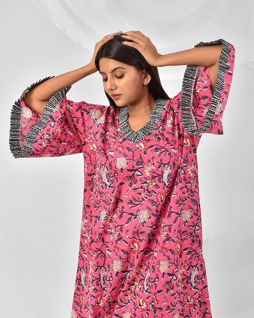 Pink Floral Bell Sleeves Pure Cotton Nighty