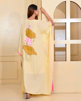 Lemon Yellow Pink Floral Handpainted Designer Luxury Kaftan