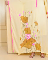 Lemon Yellow Pink Floral Handpainted Designer Luxury Kaftan