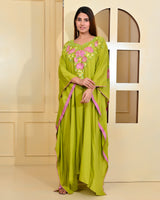 Peridot Green Floral Handpainted Designer Luxury Kaftan