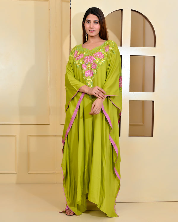 Peridot Green Floral Handpainted Designer Luxury Kaftan