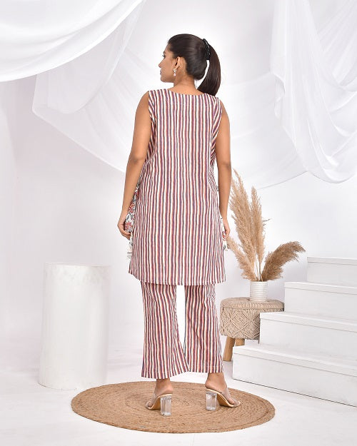 Pink Grey StripesCotton Loungewear Coord Set