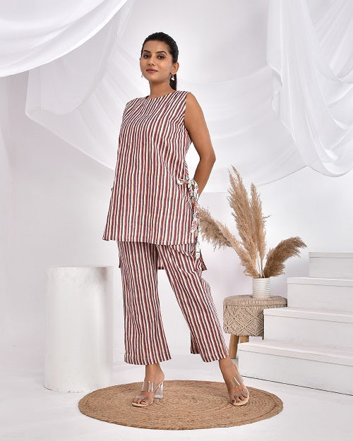Pink Grey StripesCotton Loungewear Coord Set