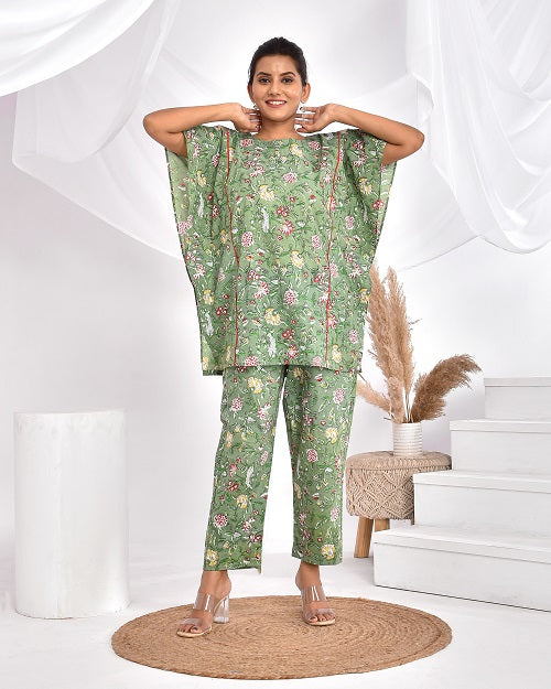 Green Floral Cotton Loungewear Coord Set