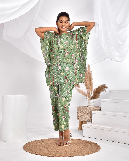 Green Floral Cotton Loungewear Coord Set