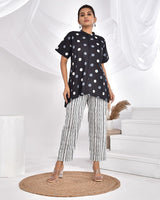 Black & White Polka Stripes Cotton Loungewear Coord Set