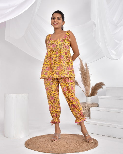 Yellow Pink Floral Cotton Loungewear Coord Set