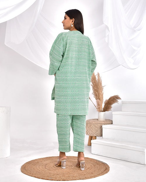 Green Striped Cotton Loungewear Coord Set