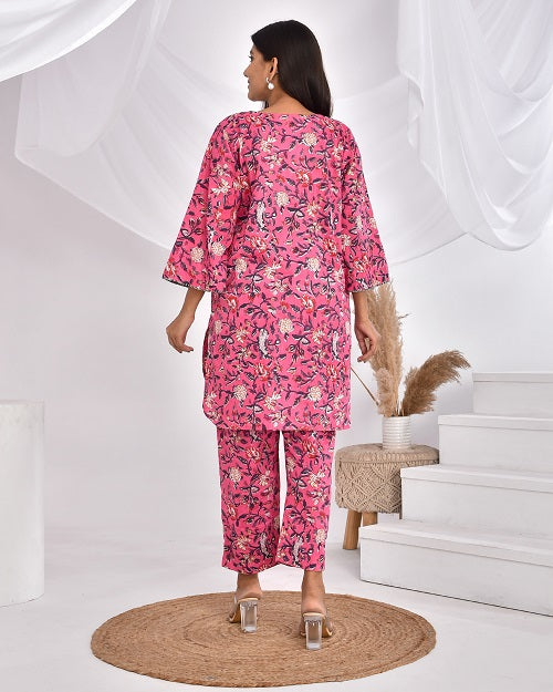 Pink Floral Cotton Loungewear Coord Set