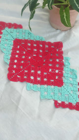 Red Green Handmade Crochet Layered Table Runner  - thesaffronsaga