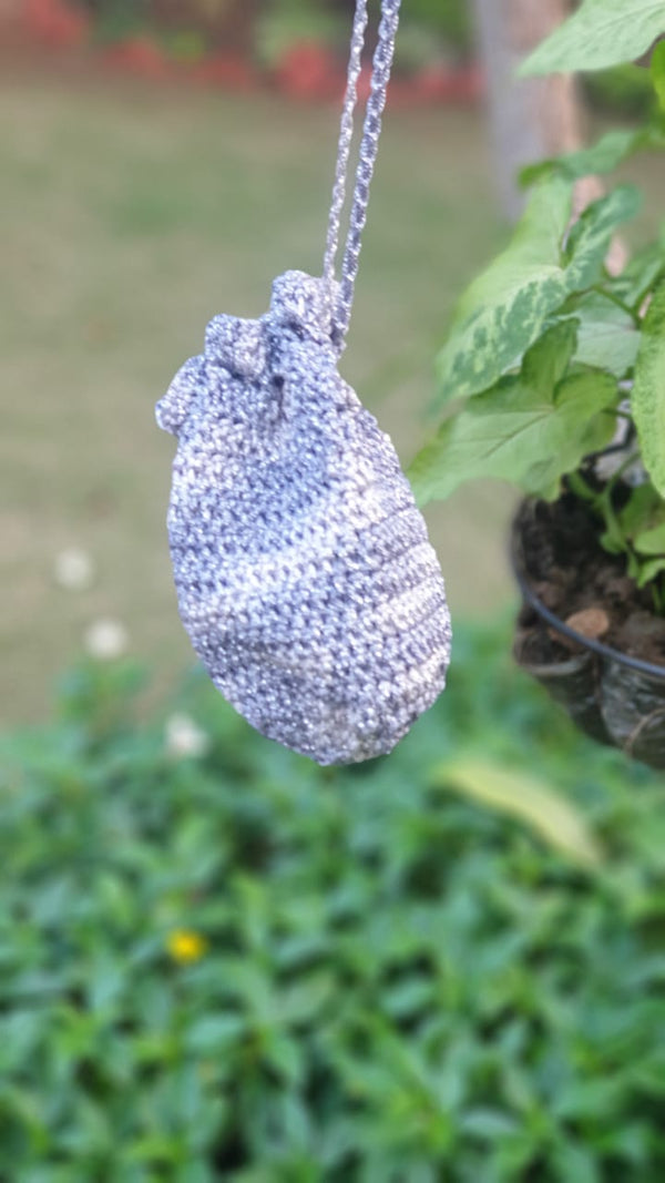 Grey Handmade Crochet Mobile Cover With Drawstring  - thesaffronsaga