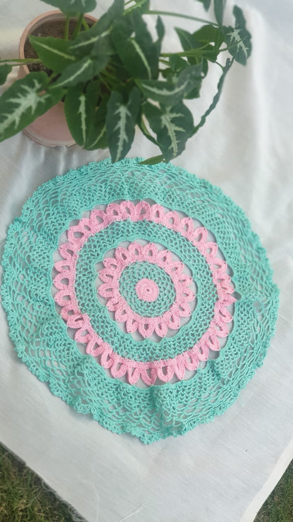Sea Green Pink Handmade Crochet Round Doily  - thesaffronsaga