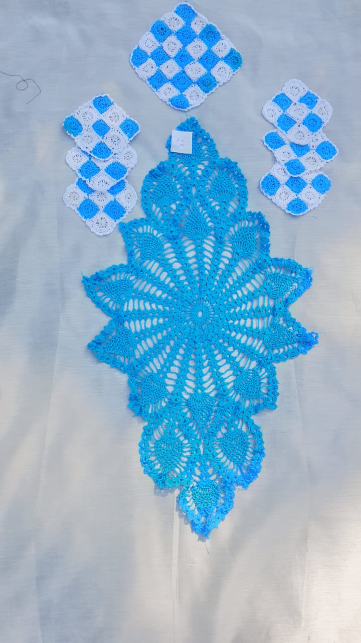 Blue Handmade Crochet r Runner With Coasters  - thesaffronsaga