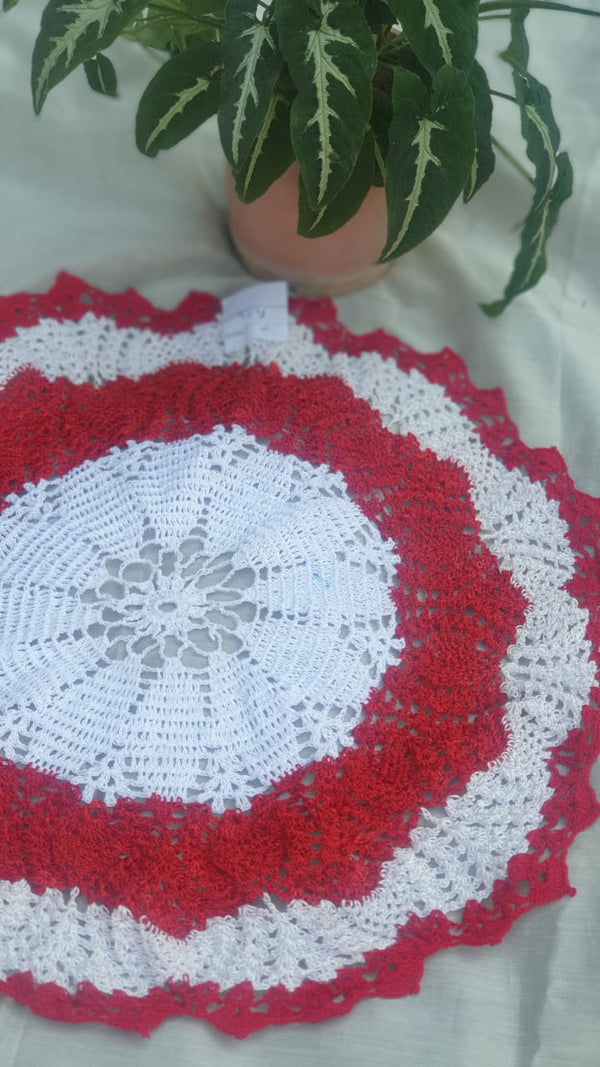 Red White Handmade Crochet Center Doily  - thesaffronsaga