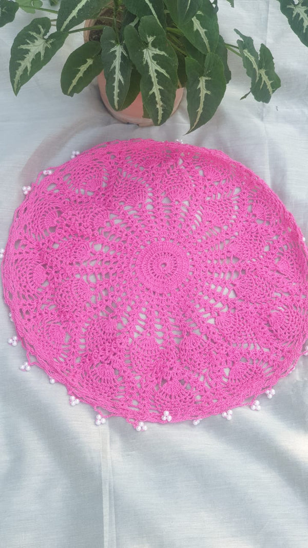 Pink Handmade Crochet Centre Round Doily With Pearl Beads  - thesaffronsaga