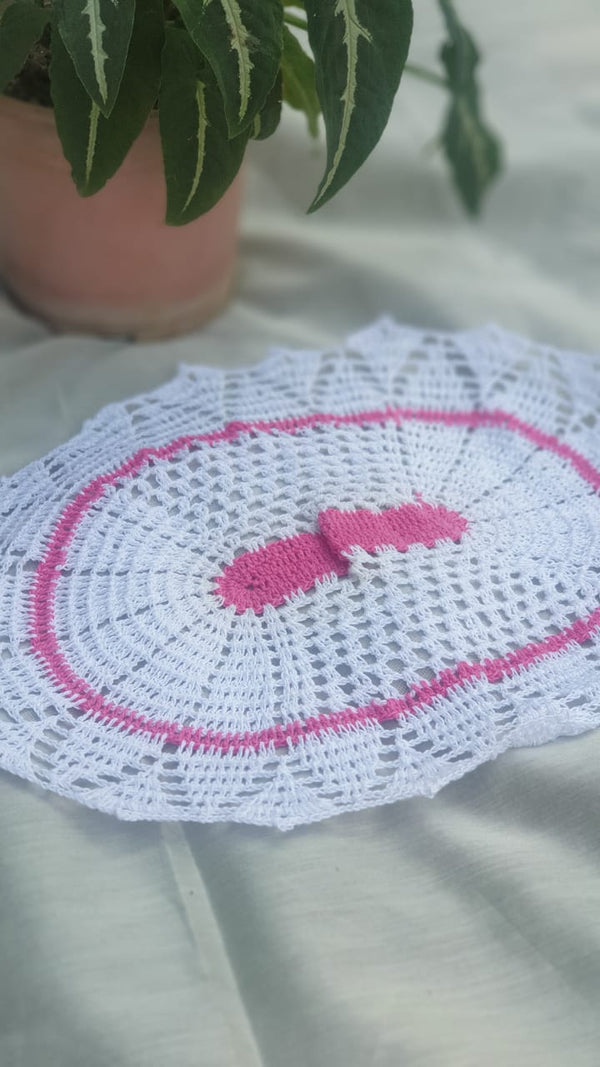 White Pink Handmade  Crochet Oval Center Doily  - thesaffronsaga