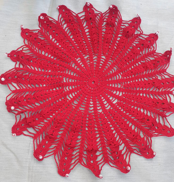 Red Handmade Crochet Round Doily  - thesaffronsaga