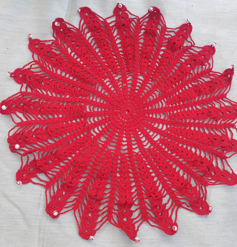 Red Handmade Crochet Round Doily  - thesaffronsaga