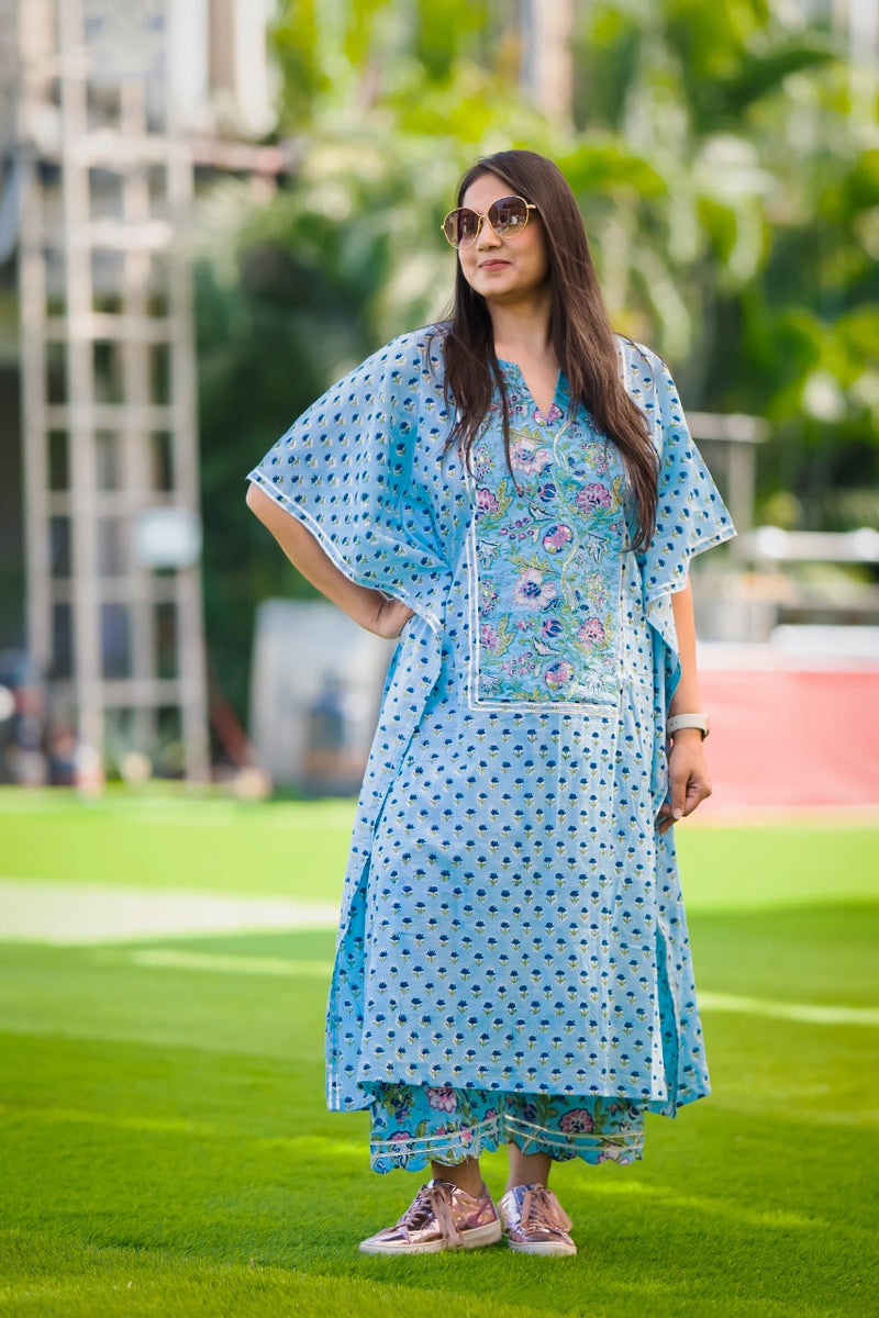 Blue Two Piece Embroiered Cotton  Kaftan And Palazzo Co-ord Set For Women