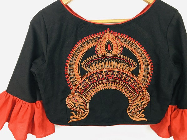 Black Red Durga Embroidery Blouse  - thesaffronsaga