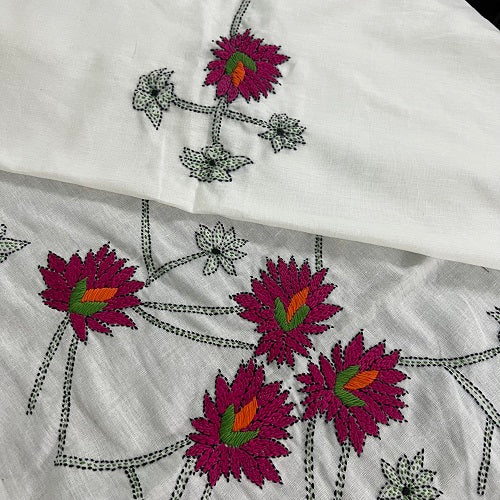 Pink Lotus Kantha Embroidery Cotton Blouse Material  - thesaffronsaga