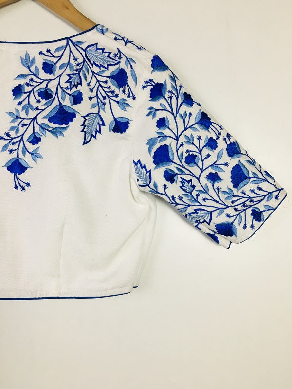 White Foral Embroidery Cotton Blouse  - thesaffronsaga