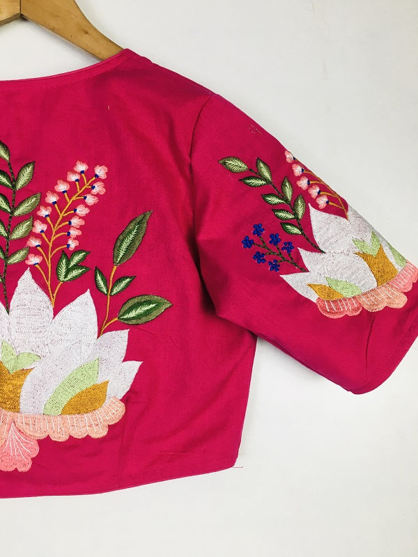 Rani Pink Foral Embroidery Cotton Blouse  - thesaffronsaga