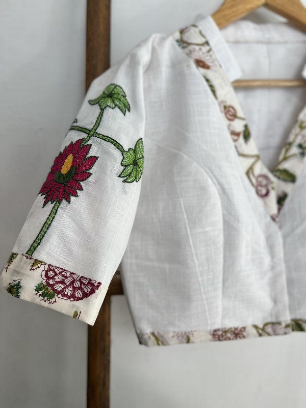 White Kantha Embroidery Rang-Raas Blouse  - thesaffronsaga