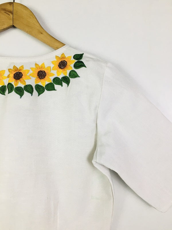 White Sunflower Embroidery Cotton Blouse  - thesaffronsaga