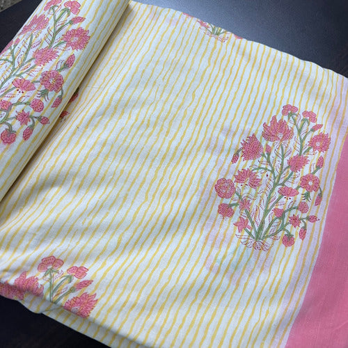 Cream Pink Mughal Sanganeri Block Print Cotton Fabric  - thesaffronsaga