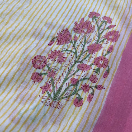 Cream Pink Mughal Sanganeri Block Print Cotton Fabric  - thesaffronsaga