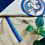 Alpona Neel Maachh Beige Blue Handpainted Cotton Blouse Piece  - thesaffronsaga