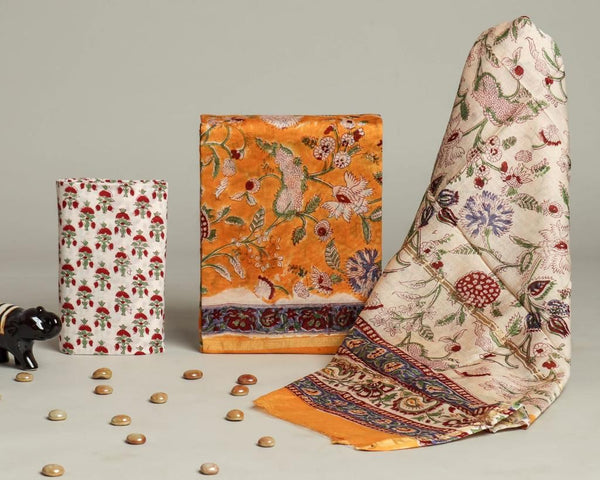 Marigold Floral Chanderi Silk Cotton Suit Set  - thesaffronsaga