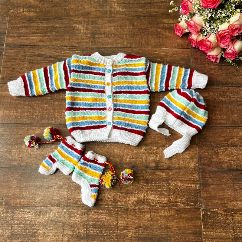 Multicoloured Striped Handknitted Woollen Cardigan for infants. The unisex sweater is front buttons  - thesaffronsaga