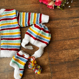 Multicoloured Striped Handknitted Woollen Cardigan for infants. The unisex sweater is front buttons  - thesaffronsaga
