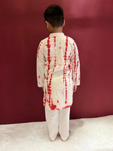 Red White Tie & Dye Cotton Kurta Pyjama Set For Boys