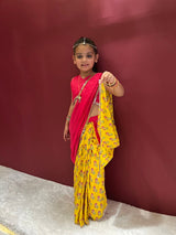 Yellow Pink Pre-stitched Saree Blouse Set For Girls