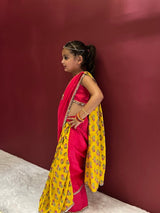 Yellow Pink Pre-stitched Saree Blouse Set For Girls