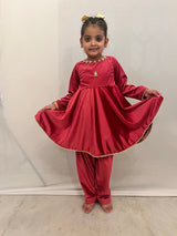 Fuchsia Velvet Peplum Kurta And Salwar Hand Embroidered Set For Girls