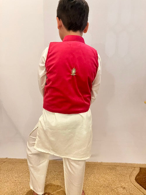 Fuchsia Pink White Hand Embroidered Kurta Pyjama Boy’s Jacket Set