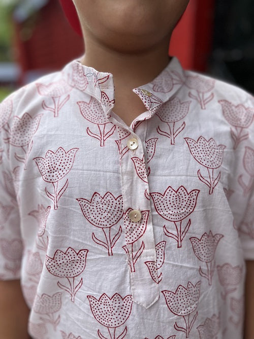 Red & White lotus Print Cotton Handblock Printed Boy shirts
