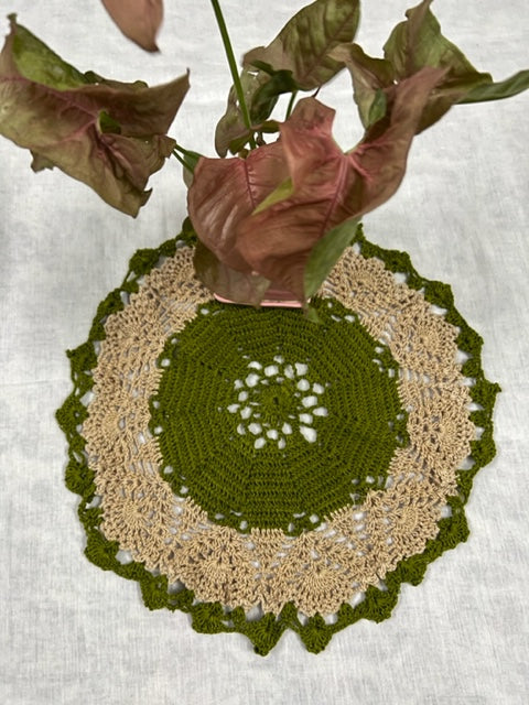 Beige Green Round Crochet Doily  - thesaffronsaga