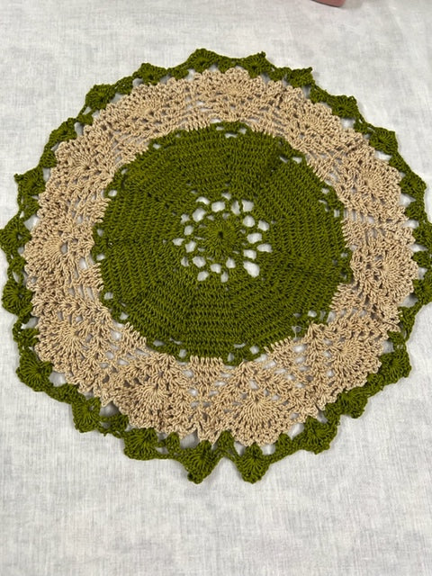 Beige Green Round Crochet Doily  - thesaffronsaga
