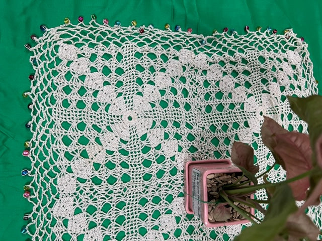 Off White Square Crochet Table Cover  - thesaffronsaga