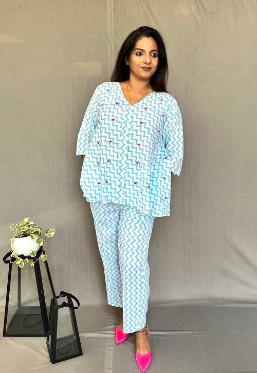 Blue Chevron Embroidered Co-ord Set for Women