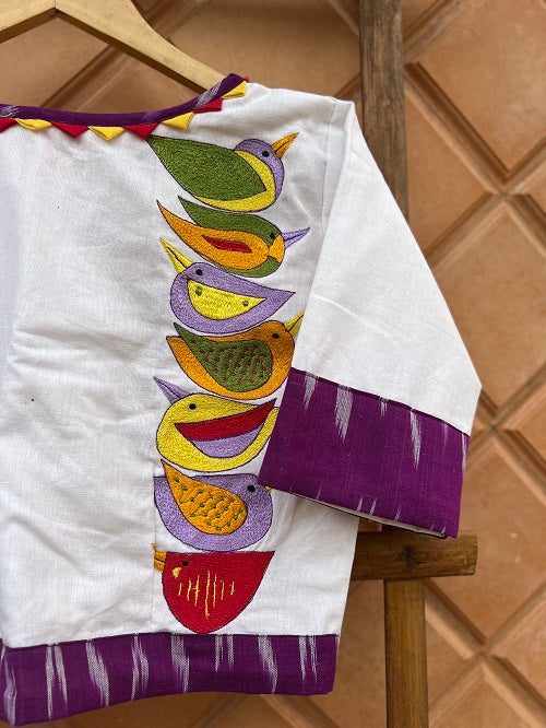 Purple White Ikkat Embroidered Blouse  - thesaffronsaga