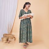 Hunter Green Block Print Dress For New Mom  - thesaffronsaga