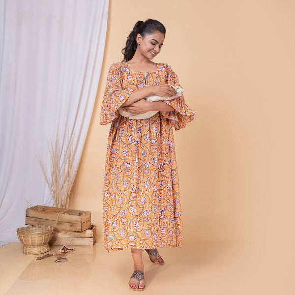 Orange Floral Block Print Dress For New Mom  - thesaffronsaga