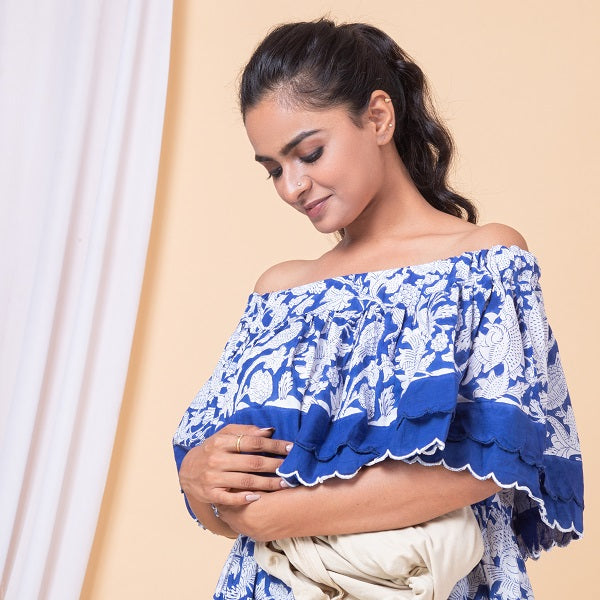 Blue White Floral Off Shoulder Dress For New Mom  - thesaffronsaga