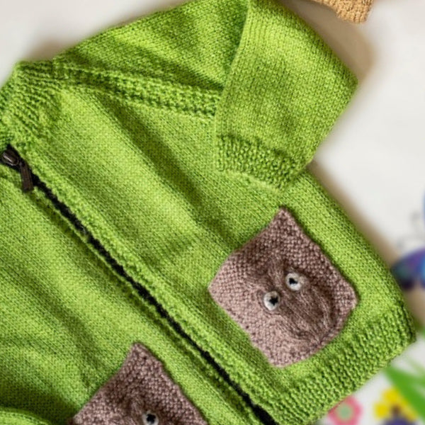 Refreshing Green Handknitted Woollen Front Zipper Pullover With Pockets  - thesaffronsaga